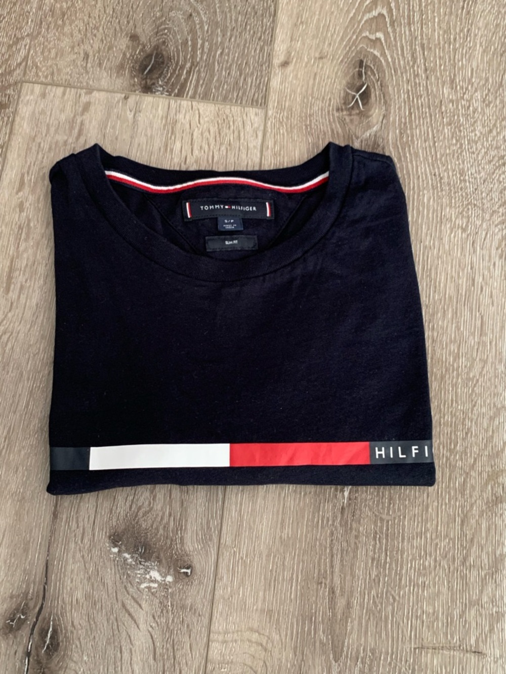 Tommy Hilfiger Navy Tee with Red and White Neck Stripe Size S